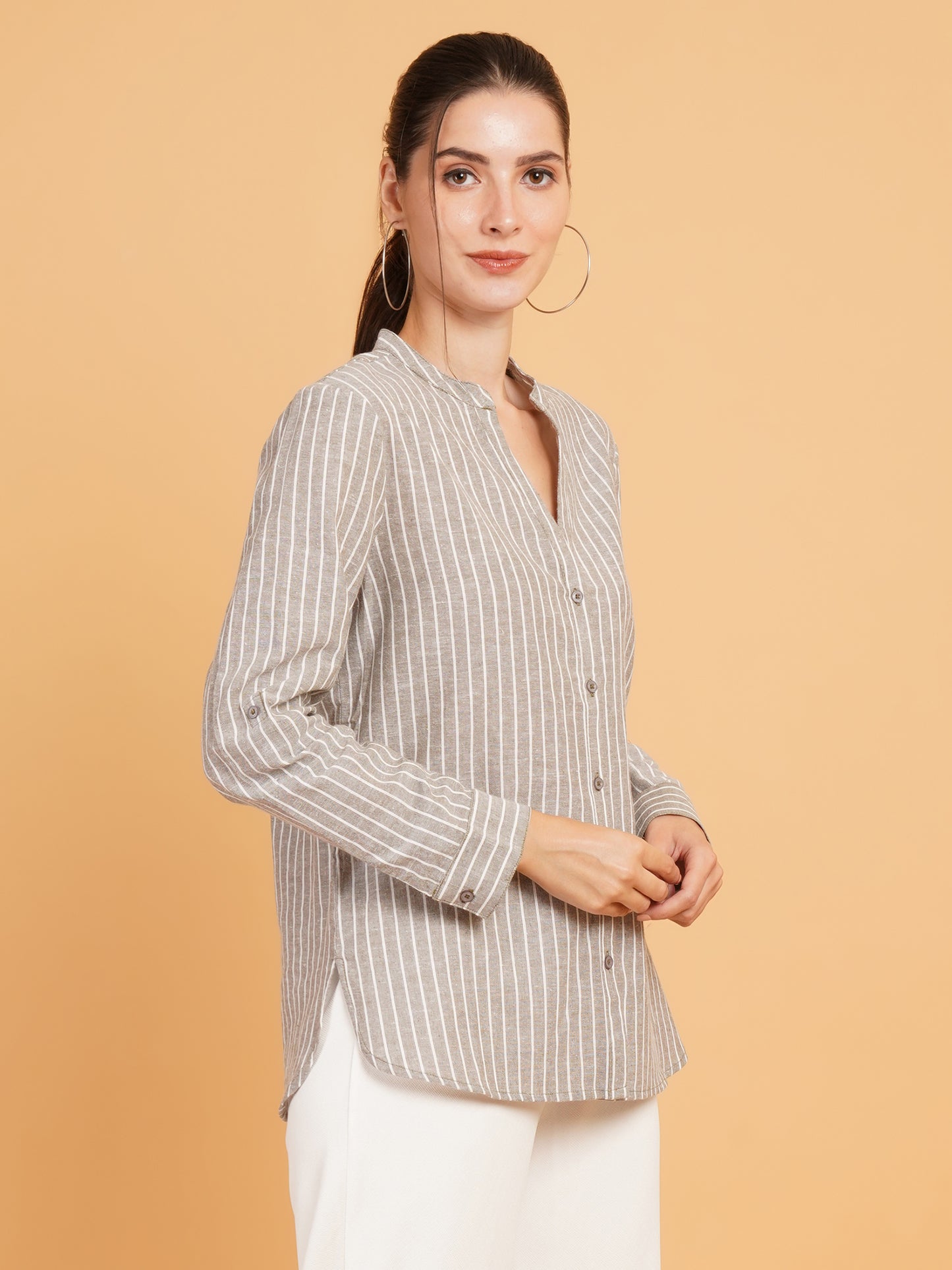 Women Grey & White Stripe Mandarin Collar Cotton Shirt