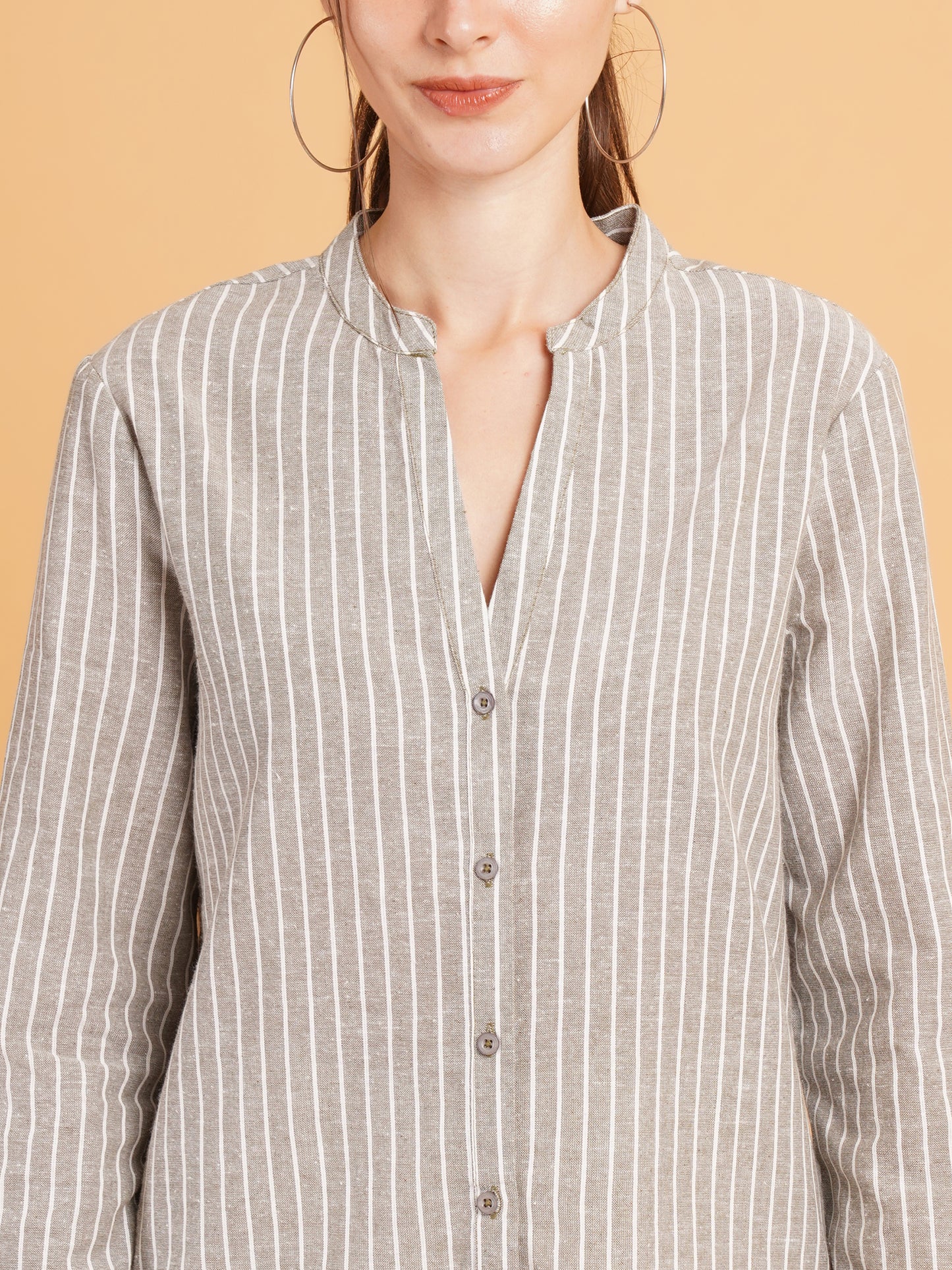 Women Grey & White Stripe Mandarin Collar Cotton Shirt