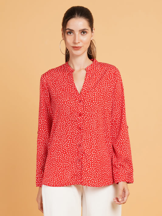 Women Red & White Polka Dot Print Mandarin Collar Cotton Shirt