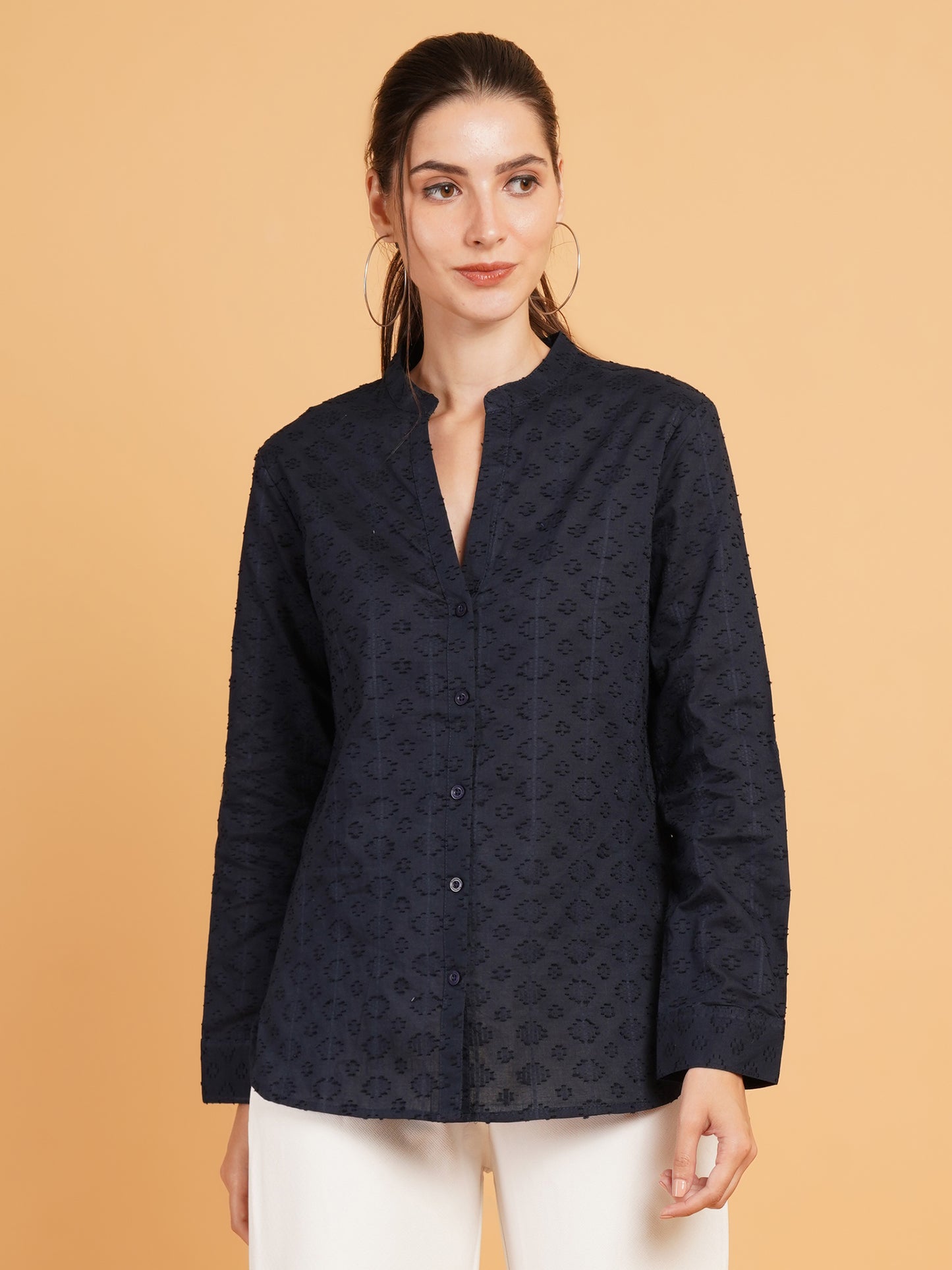 Women Navy Blue Embroidered Mandarin Collar Cotton Shirt