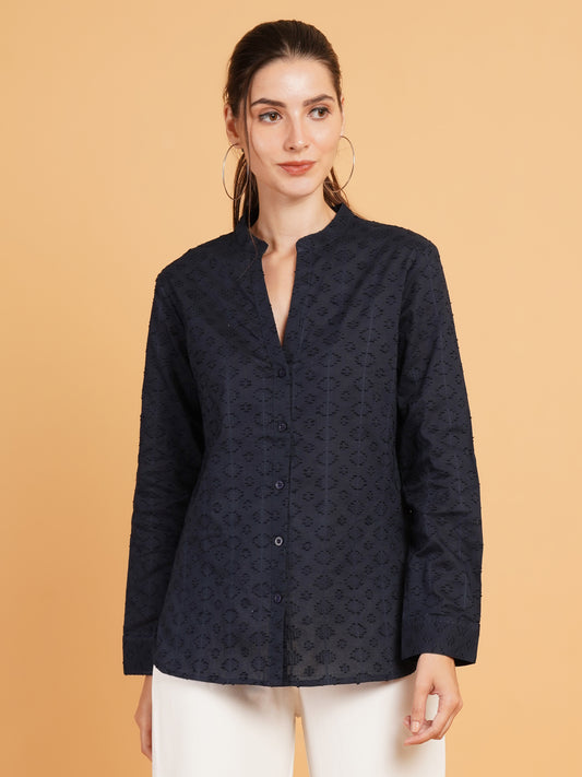 Women Navy Blue Embroidered Mandarin Collar Cotton Shirt