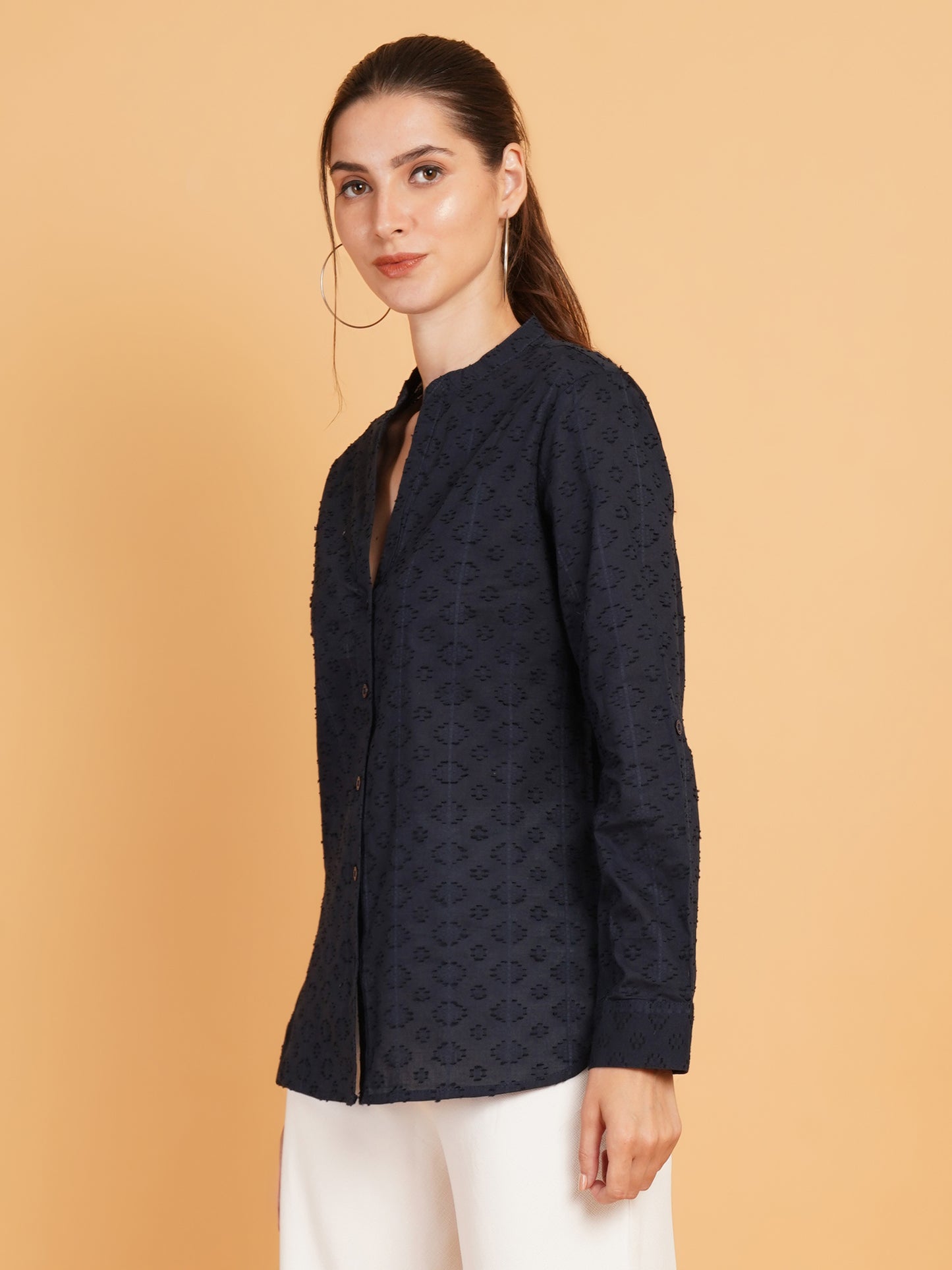 Women Navy Blue Embroidered Mandarin Collar Cotton Shirt