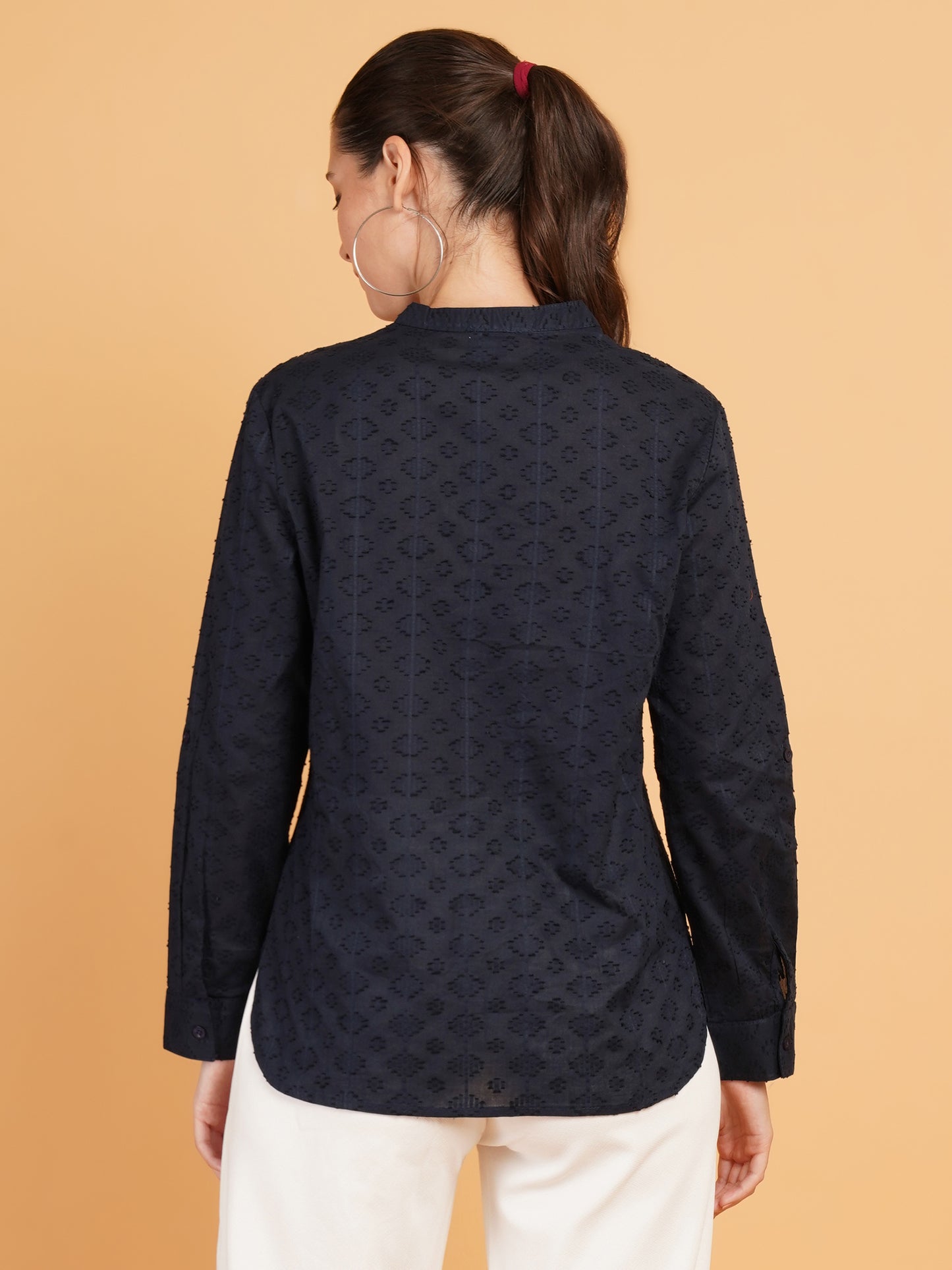 Women Navy Blue Embroidered Mandarin Collar Cotton Shirt