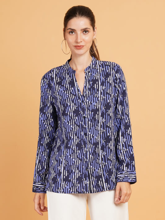 Women Blue & White Printed Mandarin Collar Cotton Shirt