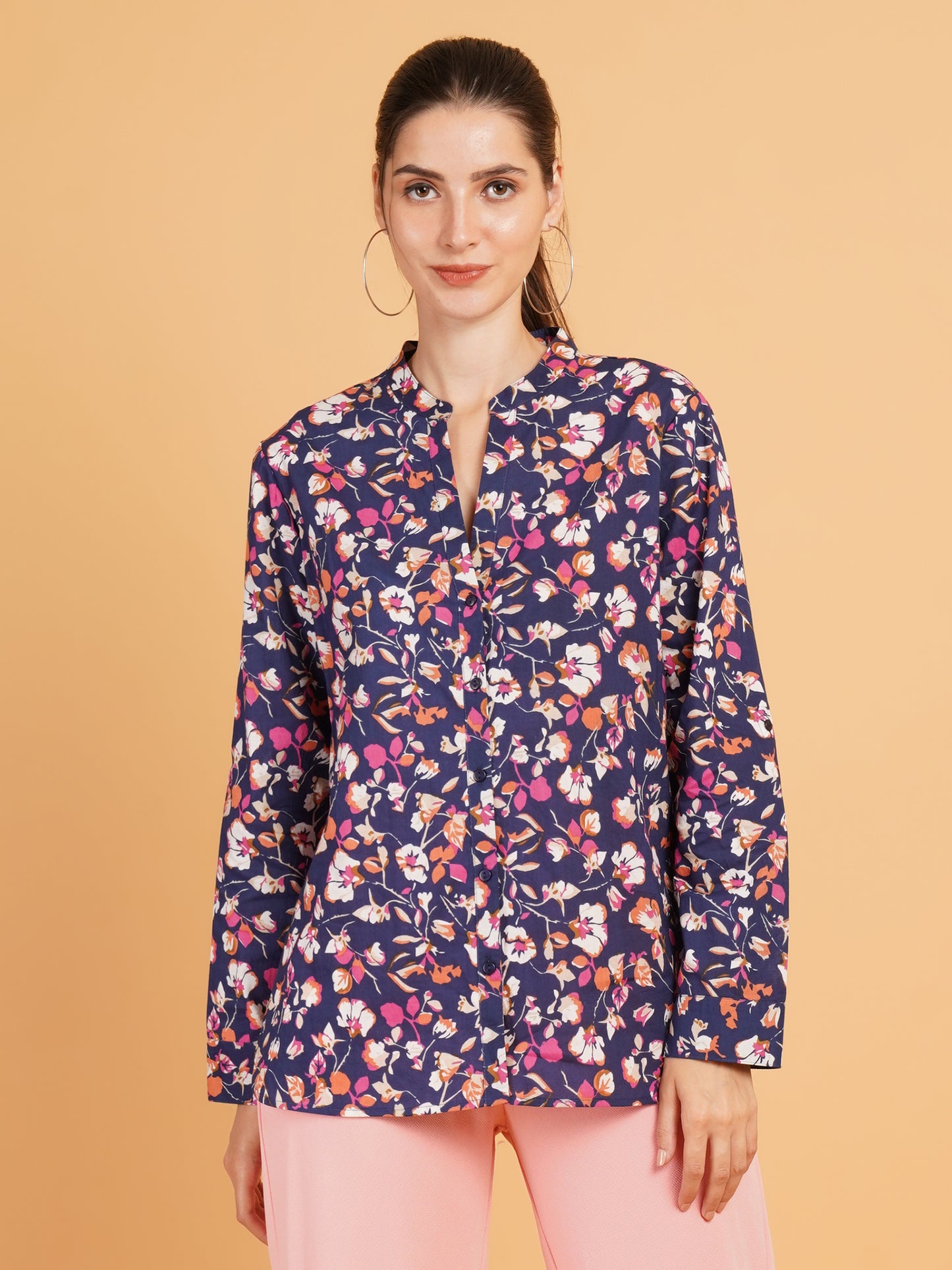 Women Navy Blue & Pink Floral Print Mandarin Collar Cotton Shirt