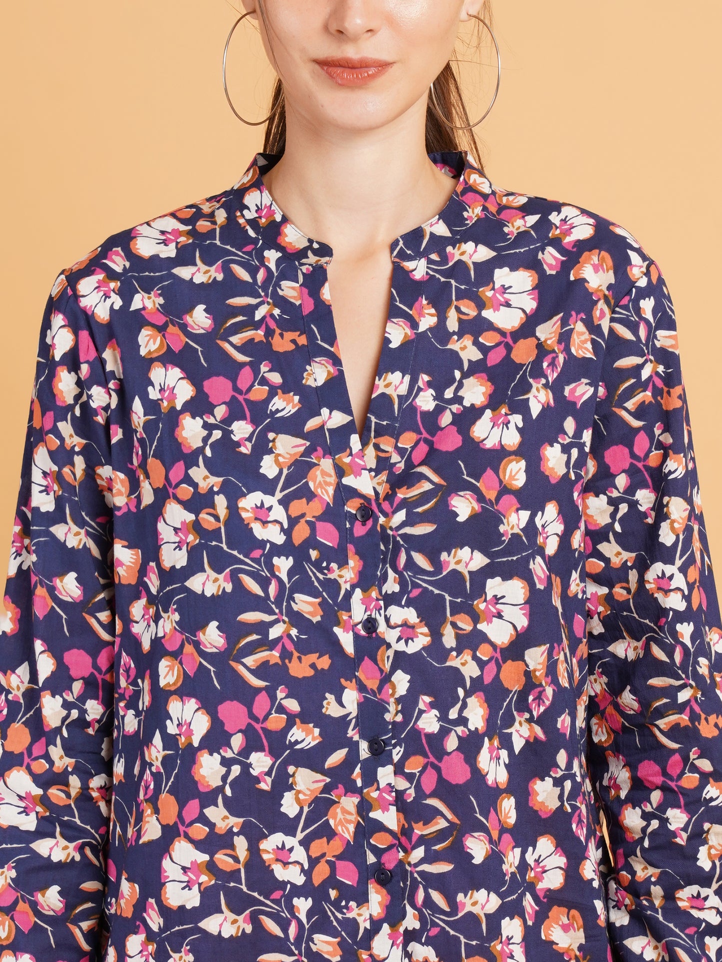 Women Navy Blue & Pink Floral Print Mandarin Collar Cotton Shirt