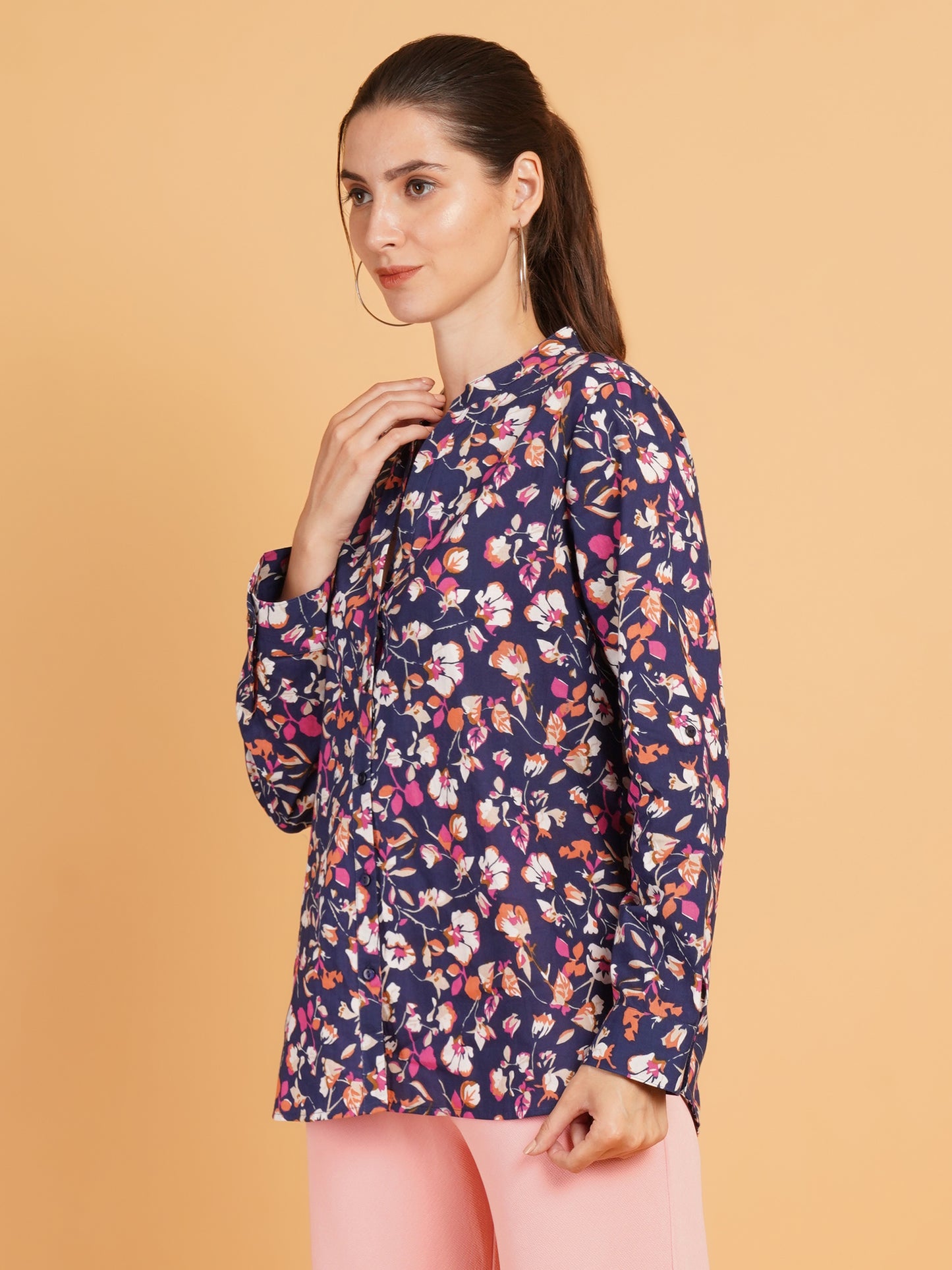 Women Navy Blue & Pink Floral Print Mandarin Collar Cotton Shirt