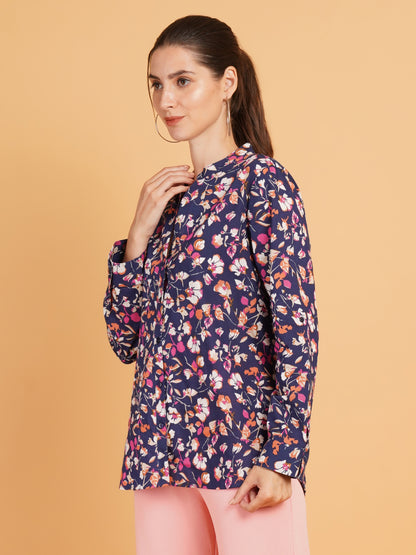 Women Navy Blue & Pink Floral Print Mandarin Collar Cotton Shirt