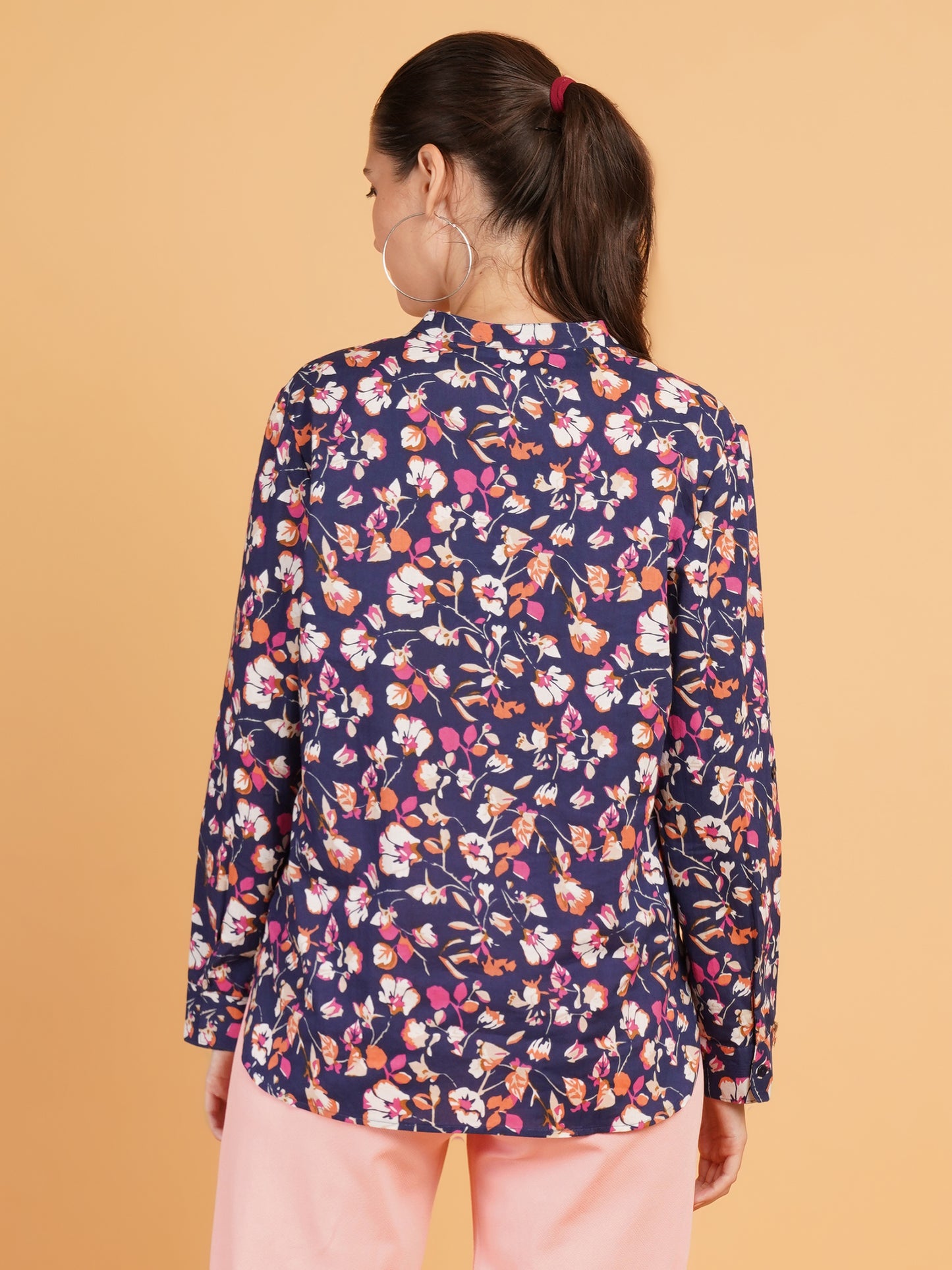 Women Navy Blue & Pink Floral Print Mandarin Collar Cotton Shirt