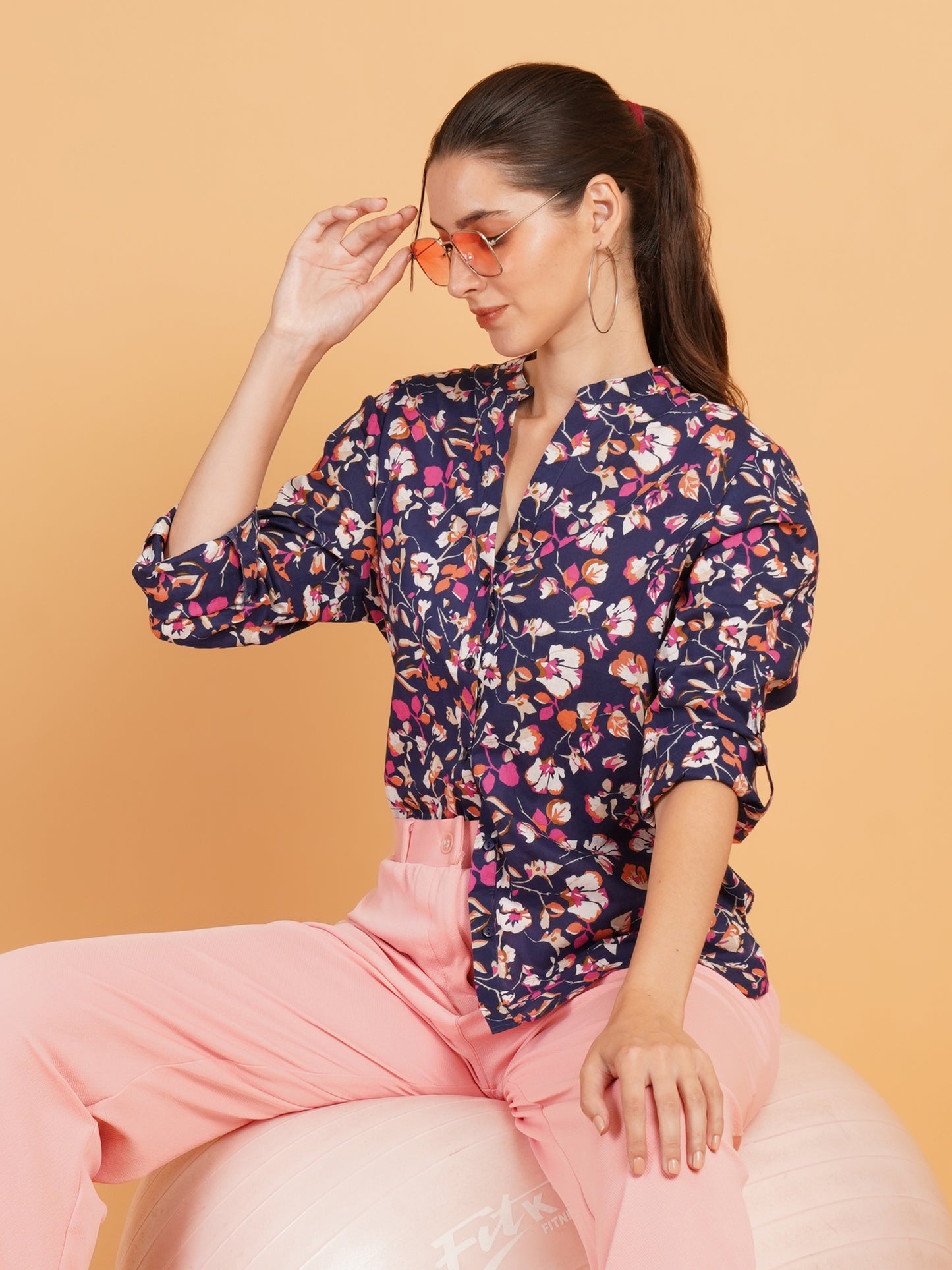 Women Navy Blue & Pink Floral Print Mandarin Collar Cotton Shirt