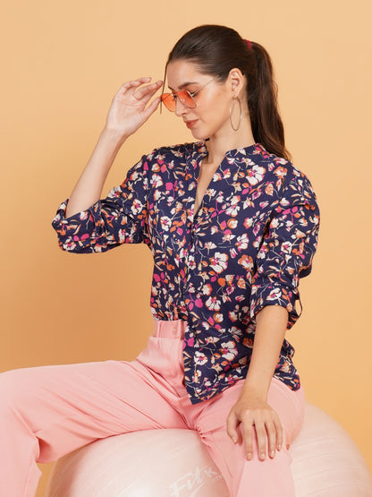 Women Navy Blue & Pink Floral Print Mandarin Collar Cotton Shirt