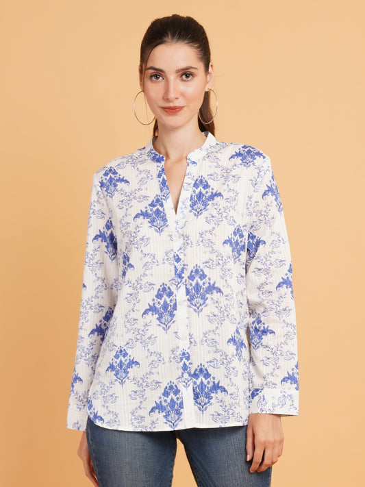 Women Blue & White Floral Print Mandarin Collar Cotton Shirt