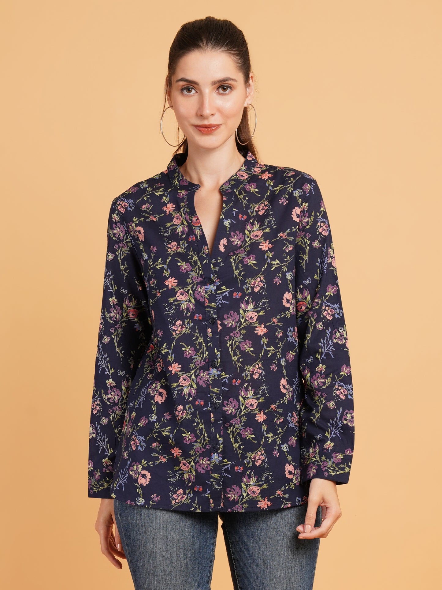 Women Navy Blue & Pink Floral Print Mandarin Collar Cotton Shirt