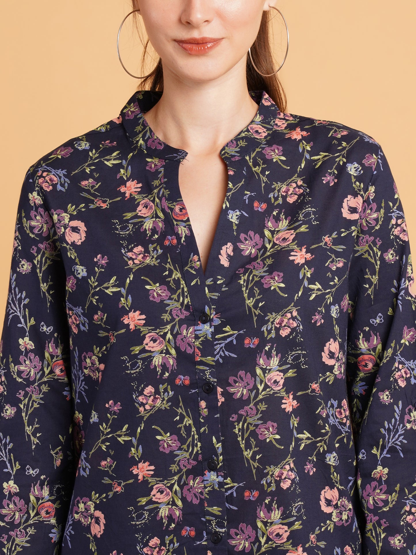 Women Navy Blue & Pink Floral Print Mandarin Collar Cotton Shirt