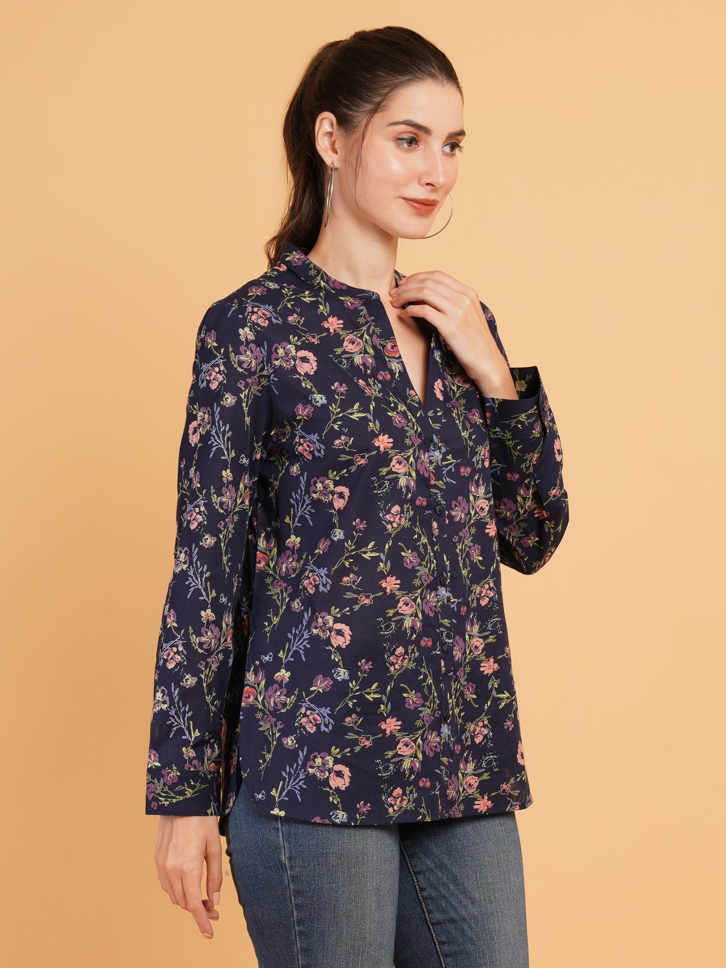 Women Navy Blue & Pink Floral Print Mandarin Collar Cotton Shirt