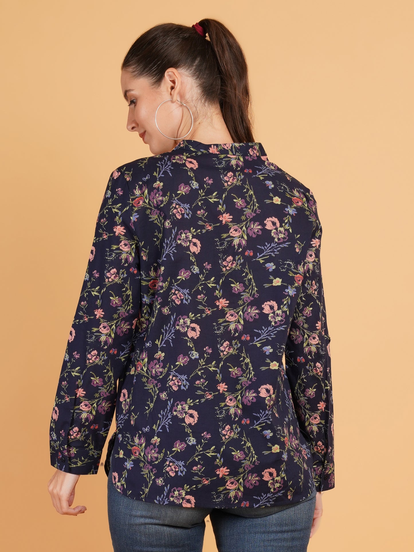 Women Navy Blue & Pink Floral Print Mandarin Collar Cotton Shirt