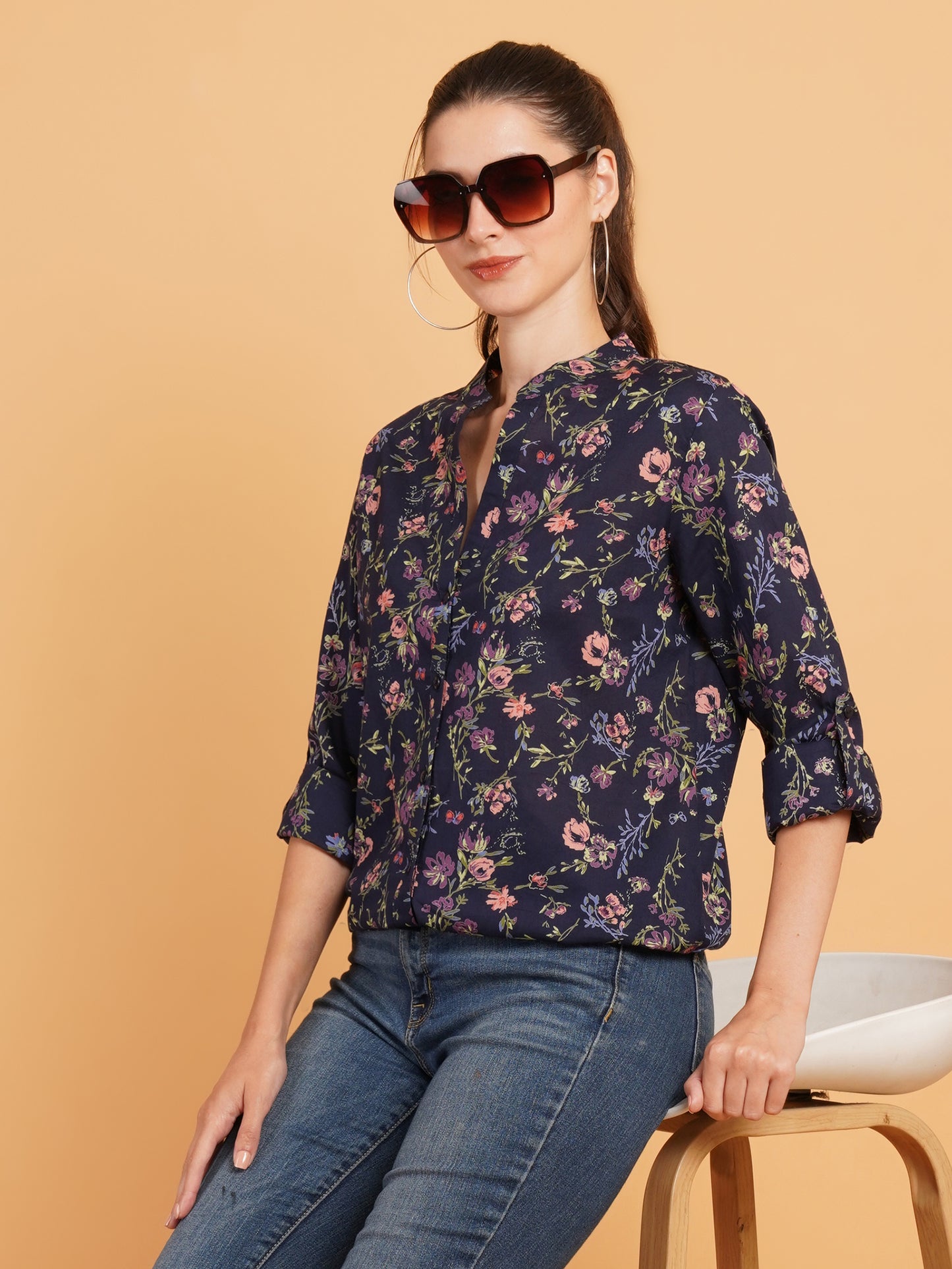 Women Navy Blue & Pink Floral Print Mandarin Collar Cotton Shirt