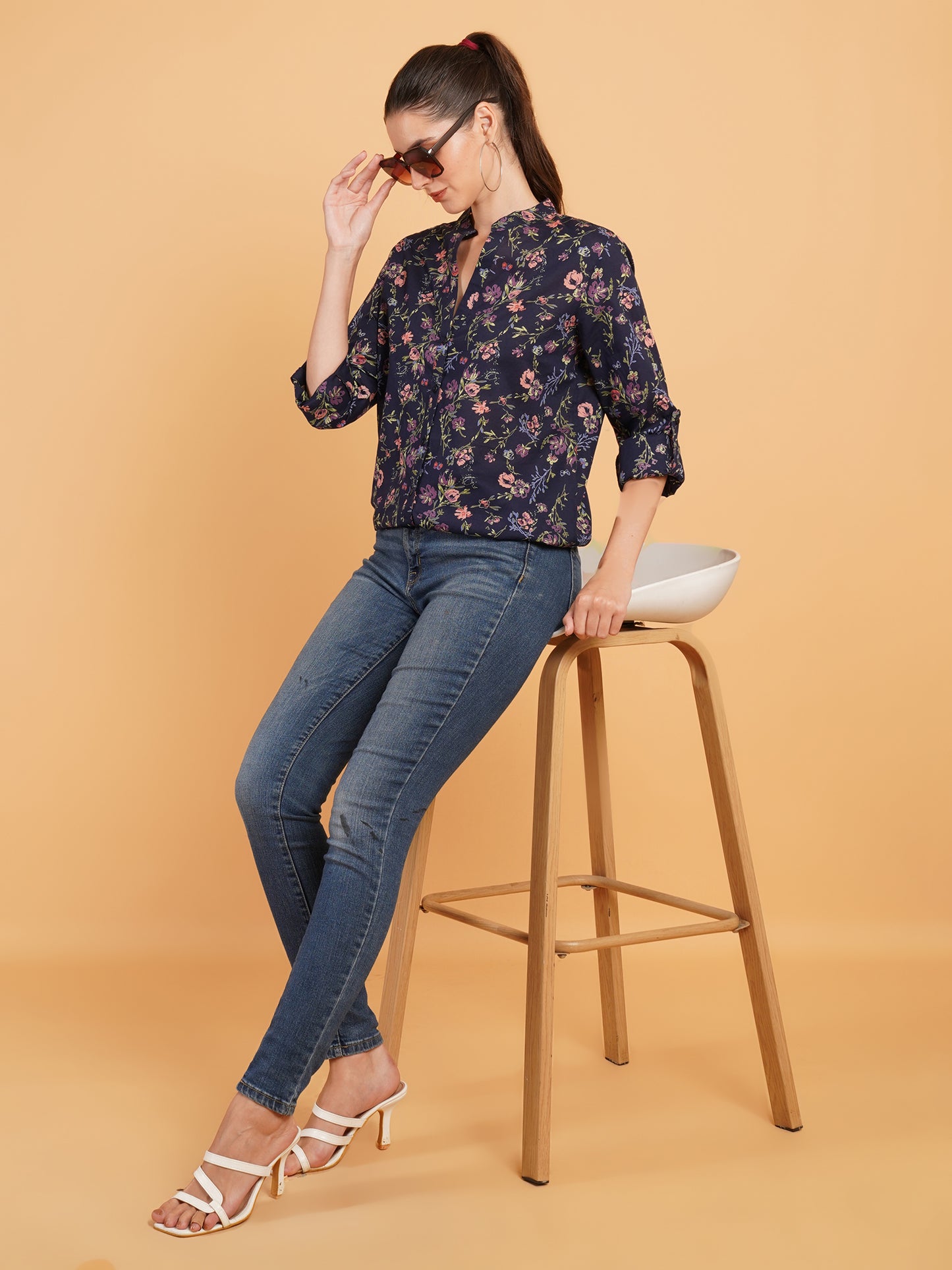 Women Navy Blue & Pink Floral Print Mandarin Collar Cotton Shirt