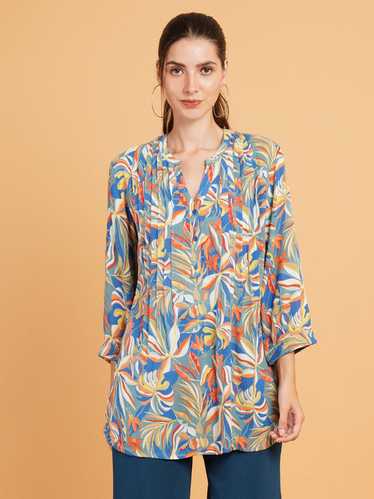 Women Blue & Orange Leaf Print Mandarin Collar Kurti