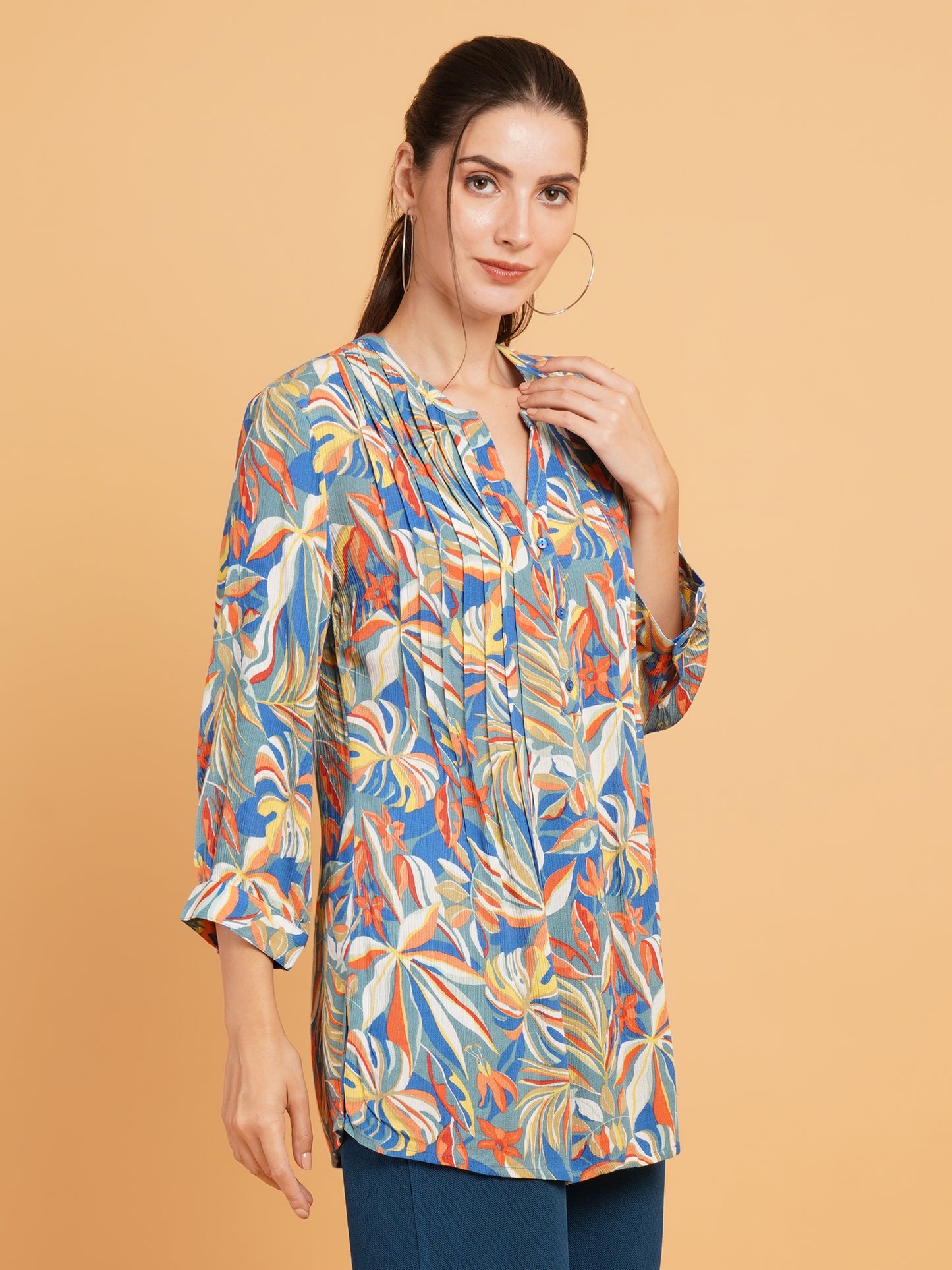 Women Blue & Orange Leaf Print Mandarin Collar Kurti