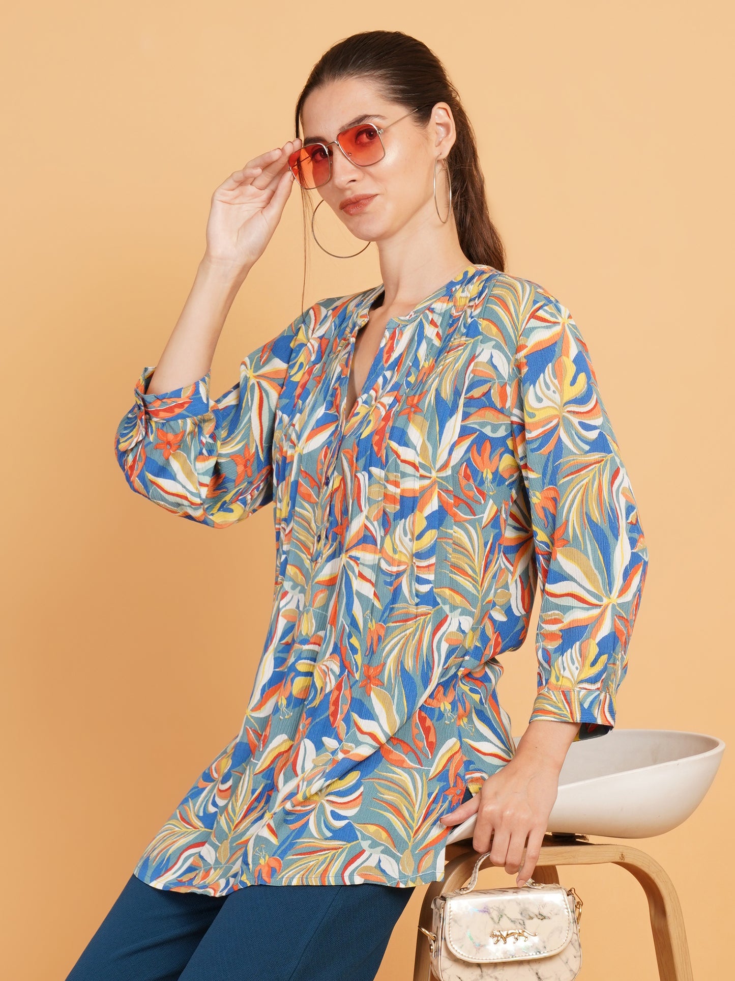 Women Blue & Orange Leaf Print Mandarin Collar Kurti