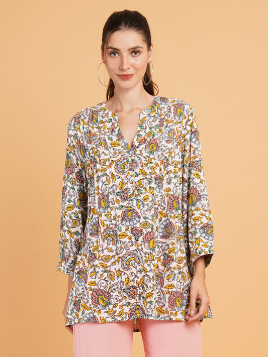 Women Yellow & Pink Floral Print Mandarin Collar Kurti