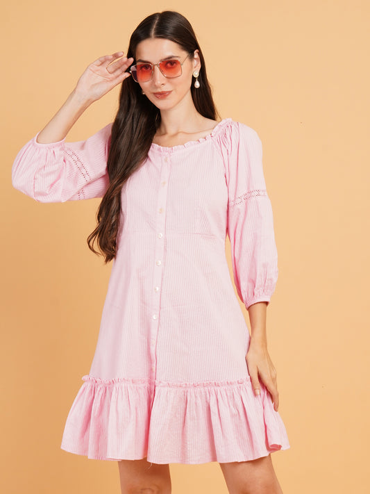 Women Pink Gathered Sweetheart Neck Midi Dress