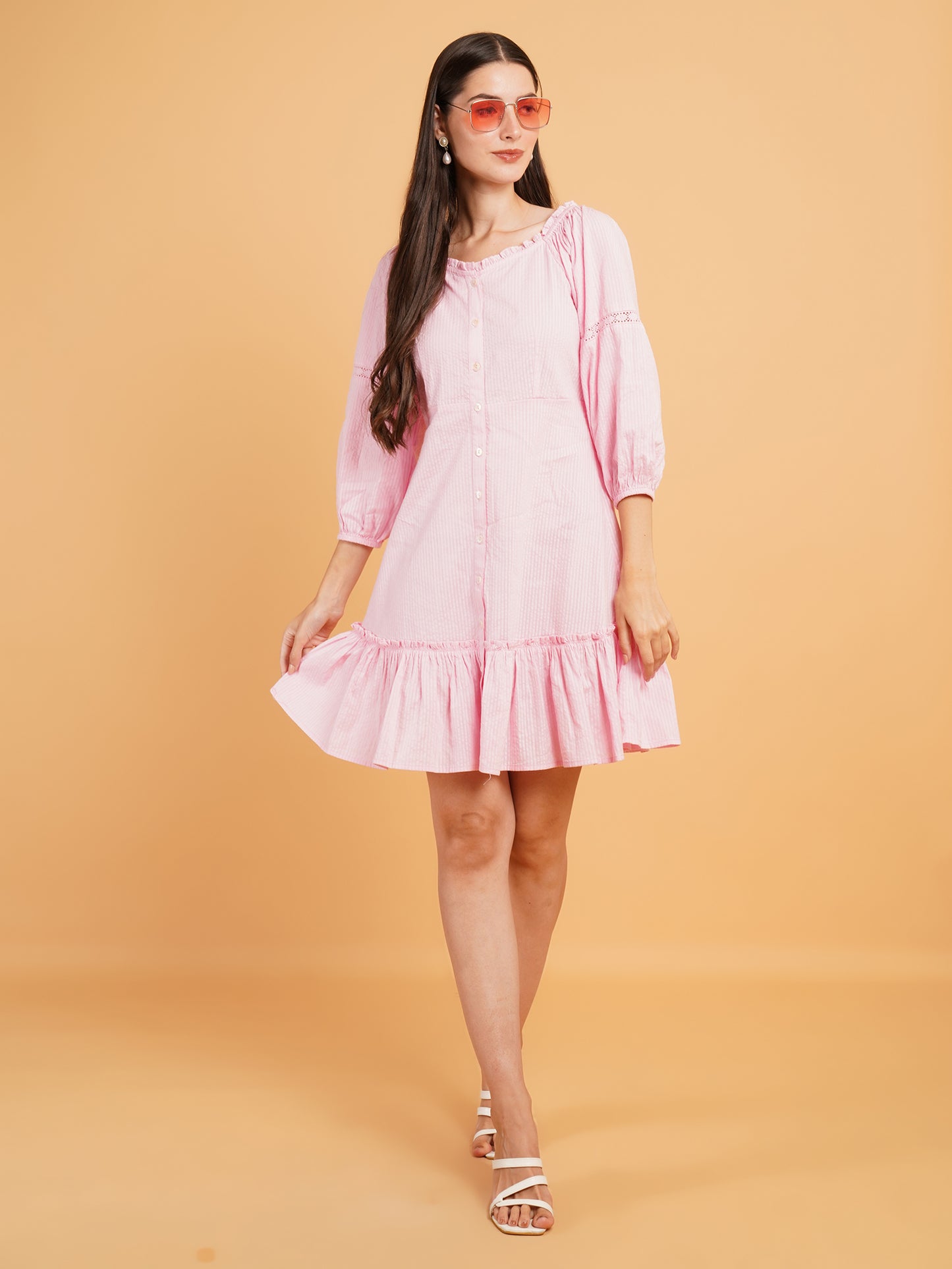 Women Pink Gathered Sweetheart Neck Midi Dress