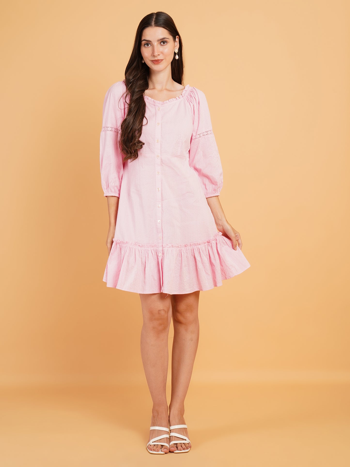 Women Pink Gathered Sweetheart Neck Midi Dress