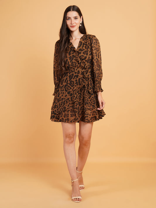 Women Brown & Black Animal Print Ruffle V-Neck Dress