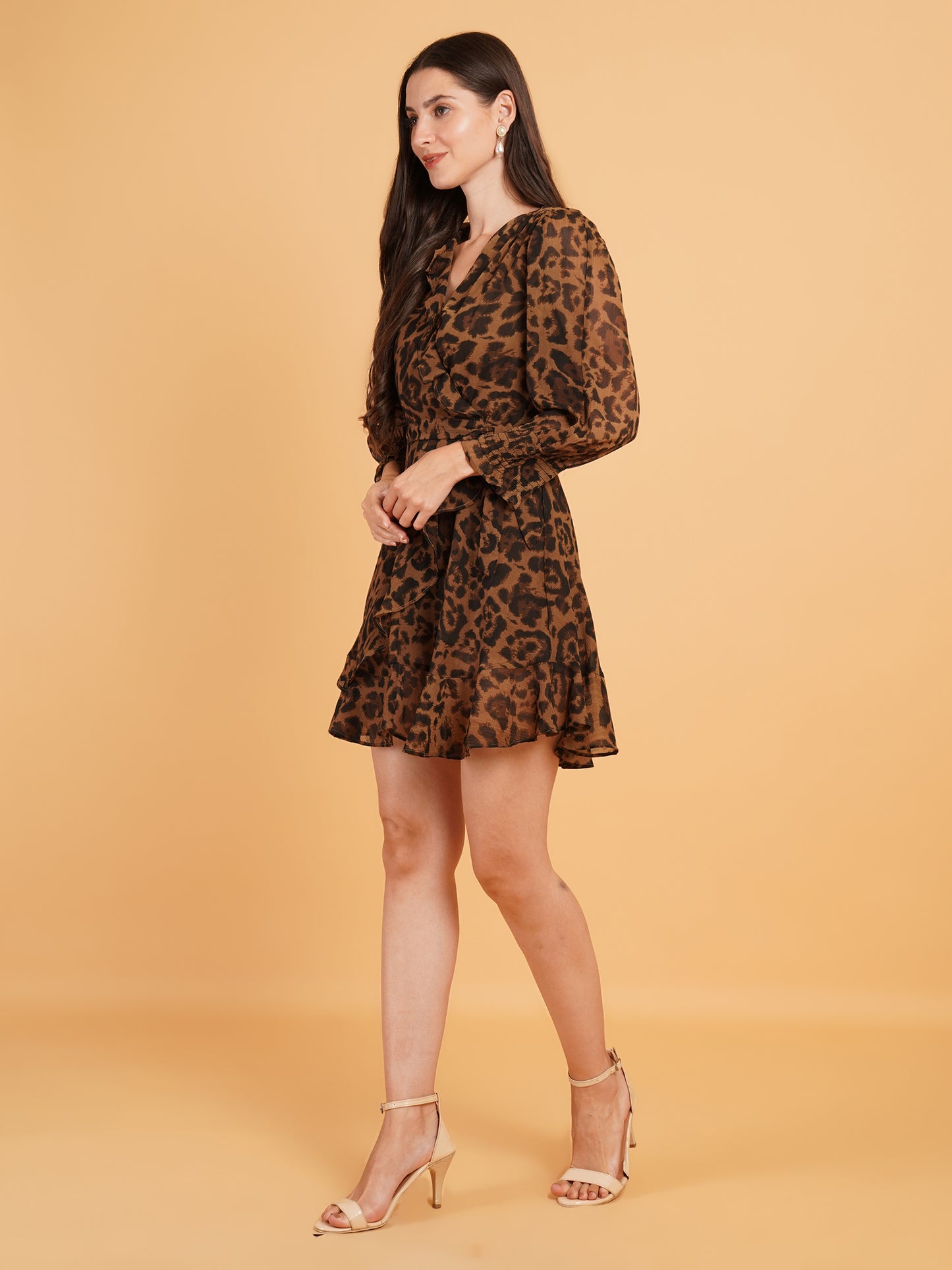 Women Brown & Black Animal Print Ruffle V-Neck Dress