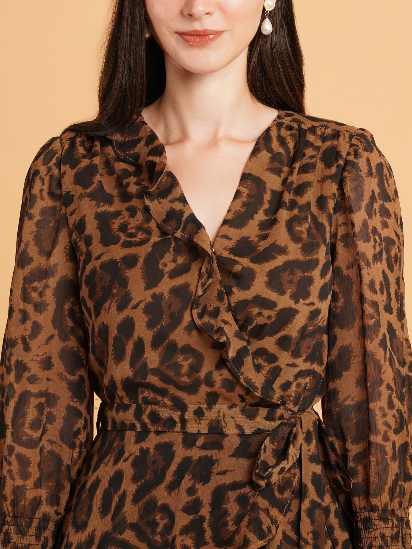 Women Brown & Black Animal Print Ruffle V-Neck Dress