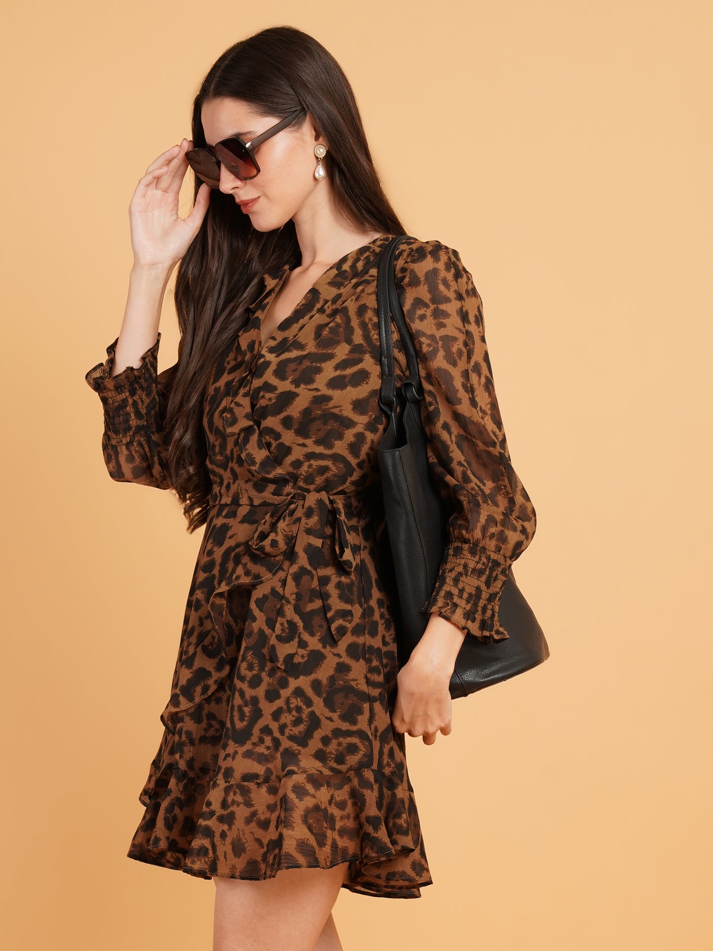 Women Brown & Black Animal Print Ruffle V-Neck Dress