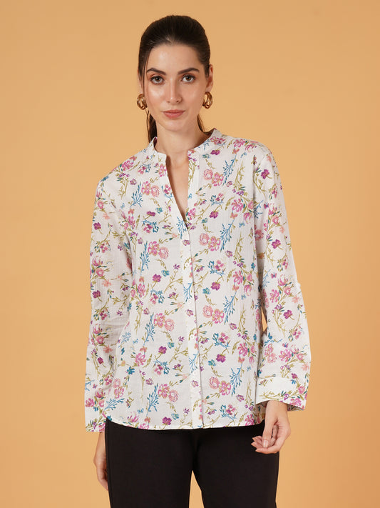 Women White & Pink Floral Print Full Sleeves Oversized Casual Shirt