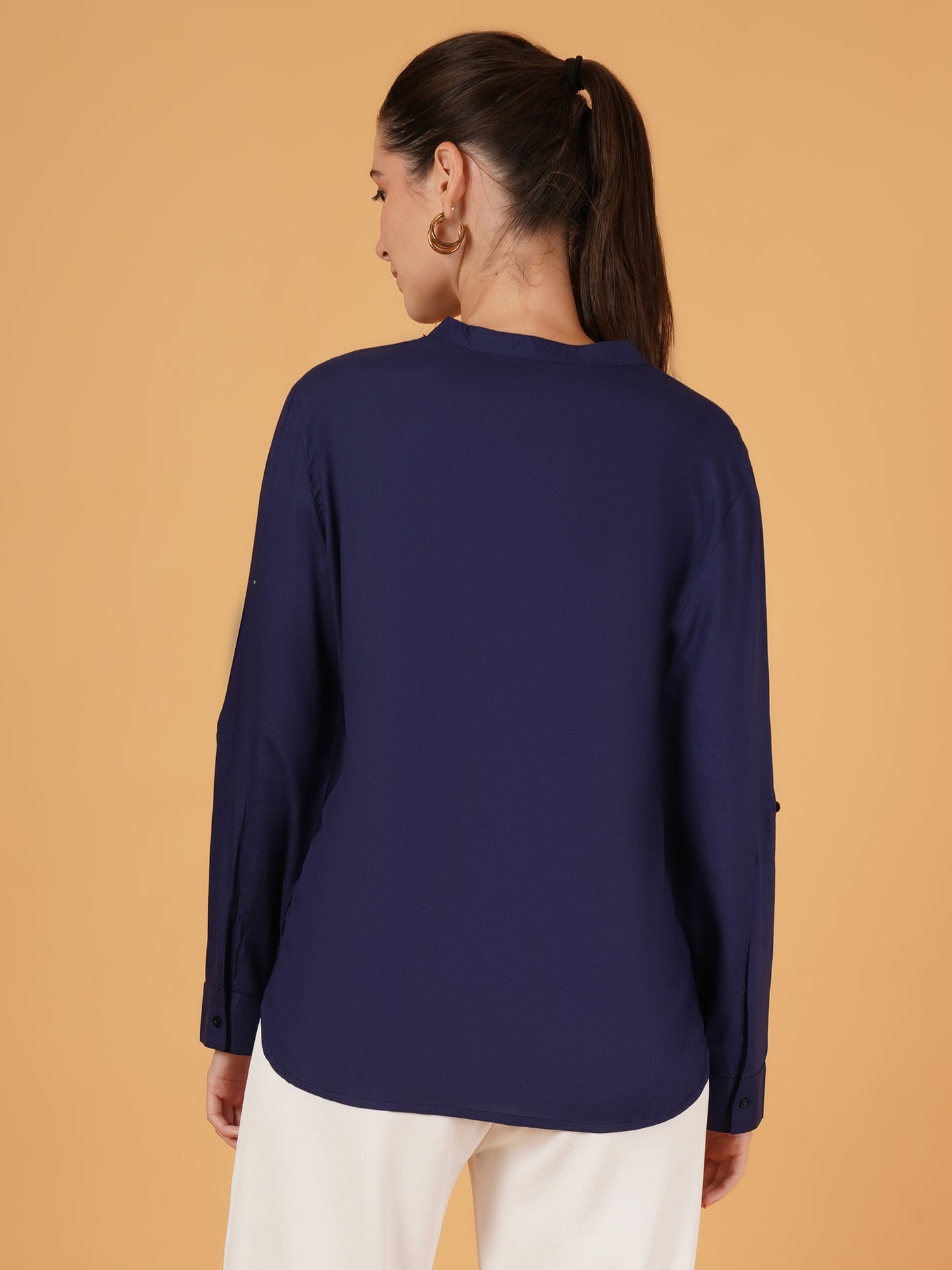 Women Navy Blue Solid Full Sleeves Shirt Style Top