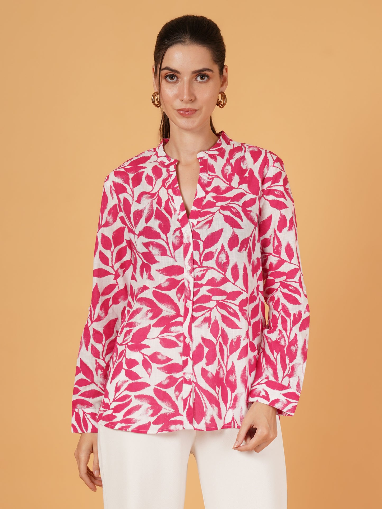 Women Pink & White Leaf Print Full Sleeves Oversized Casual Shirt