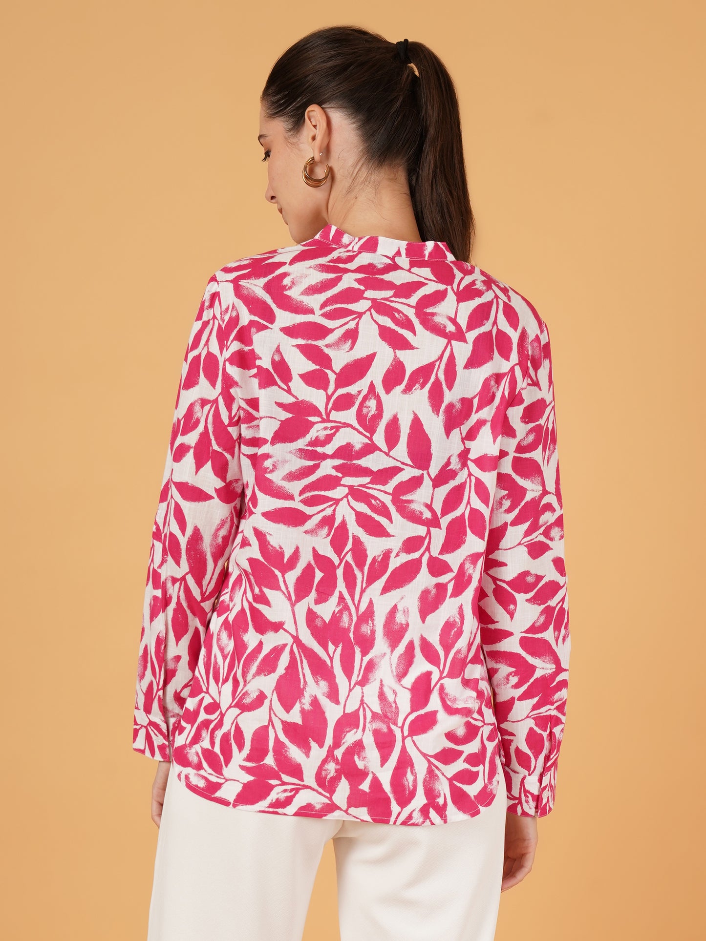 Women Pink & White Leaf Print Full Sleeves Oversized Casual Shirt