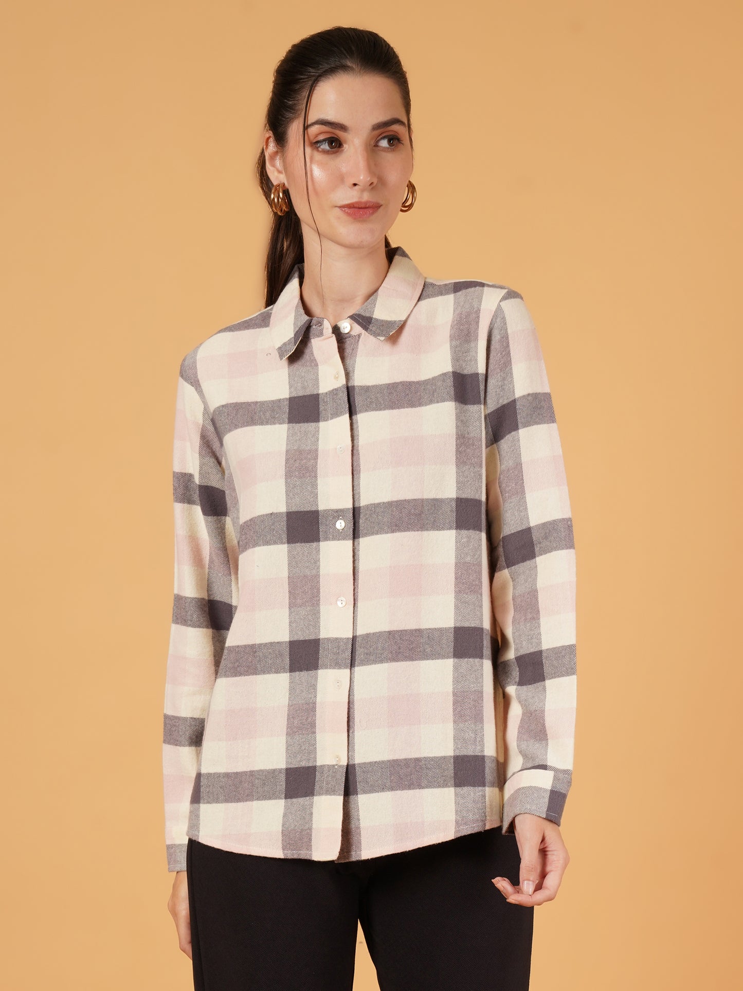 Women Cream & Pink Checkred Full Sleeves Oversized Casual Shirt