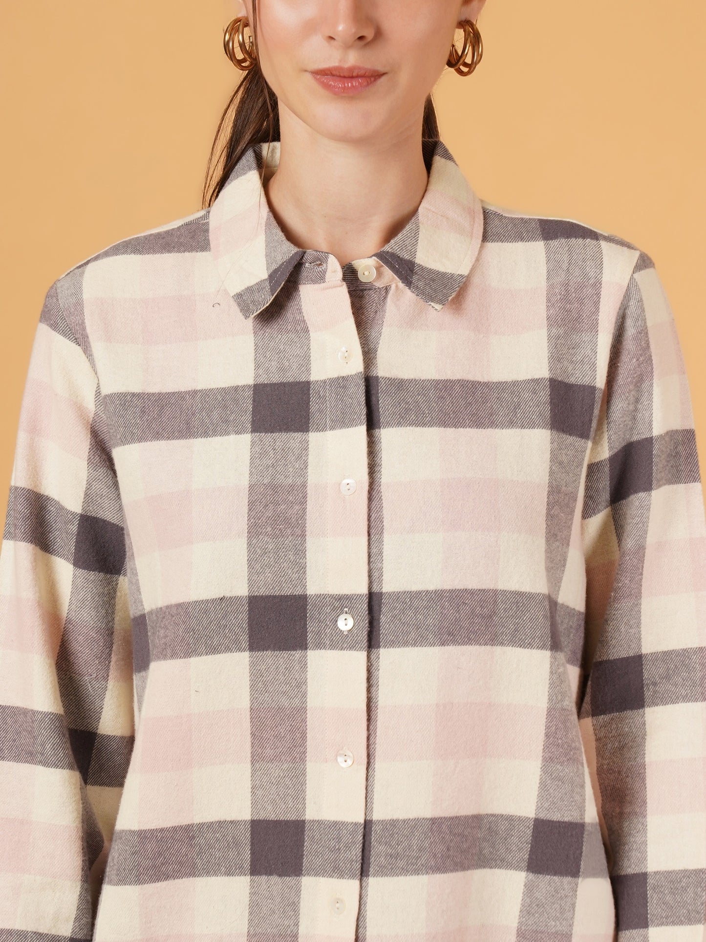 Women Cream & Pink Checkred Full Sleeves Oversized Casual Shirt