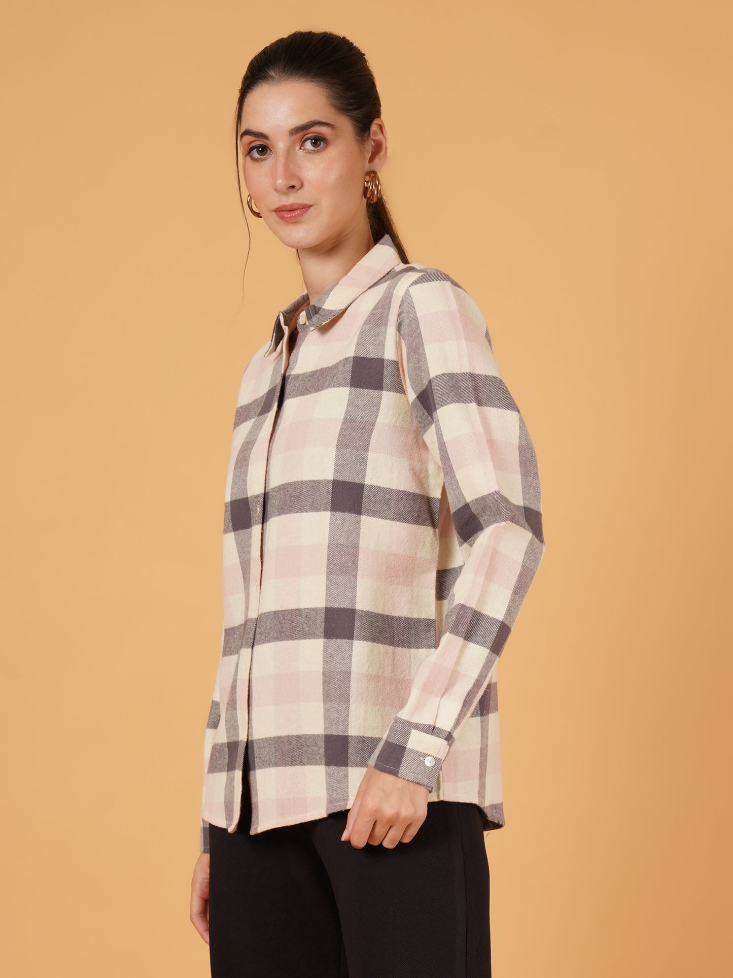 Women Cream & Pink Checkred Full Sleeves Oversized Casual Shirt