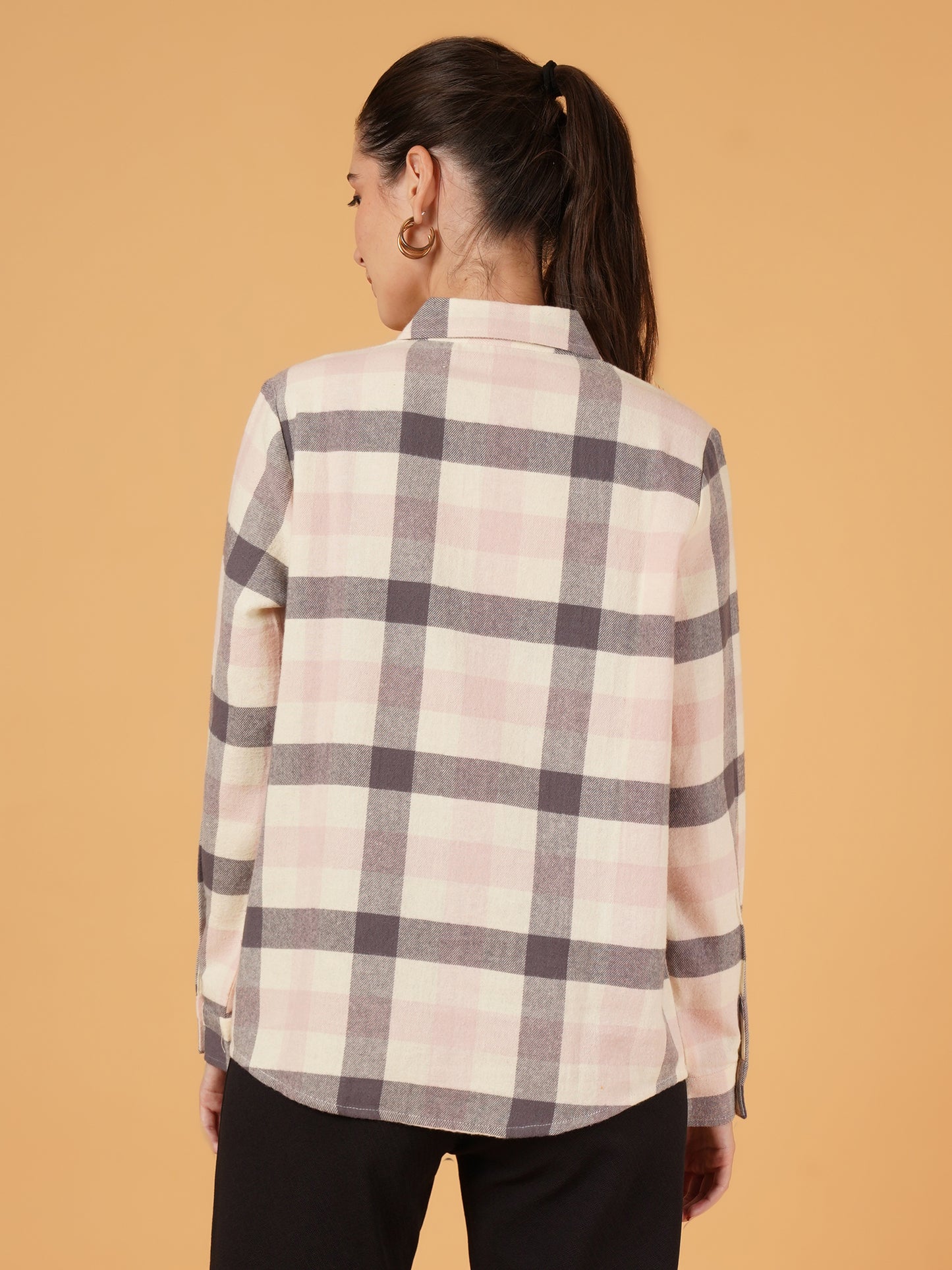 Women Cream & Pink Checkred Full Sleeves Oversized Casual Shirt