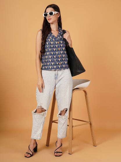 Women Navy Blue & Beige Geometric Print Sleeves Lapel Collar Crop Top
