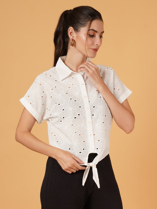 Women White Embroidered Half Sleeves Collared Cotton Schiffli Shirt