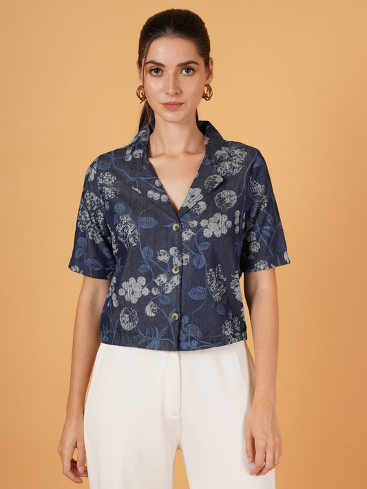 Women Navy Blue Floral Print Half Sleeves Lapel Collar Denim Shirt