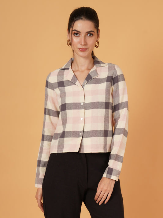 Women Cream & Pink Checkred Full Sleeves Shirt Style Crop Top