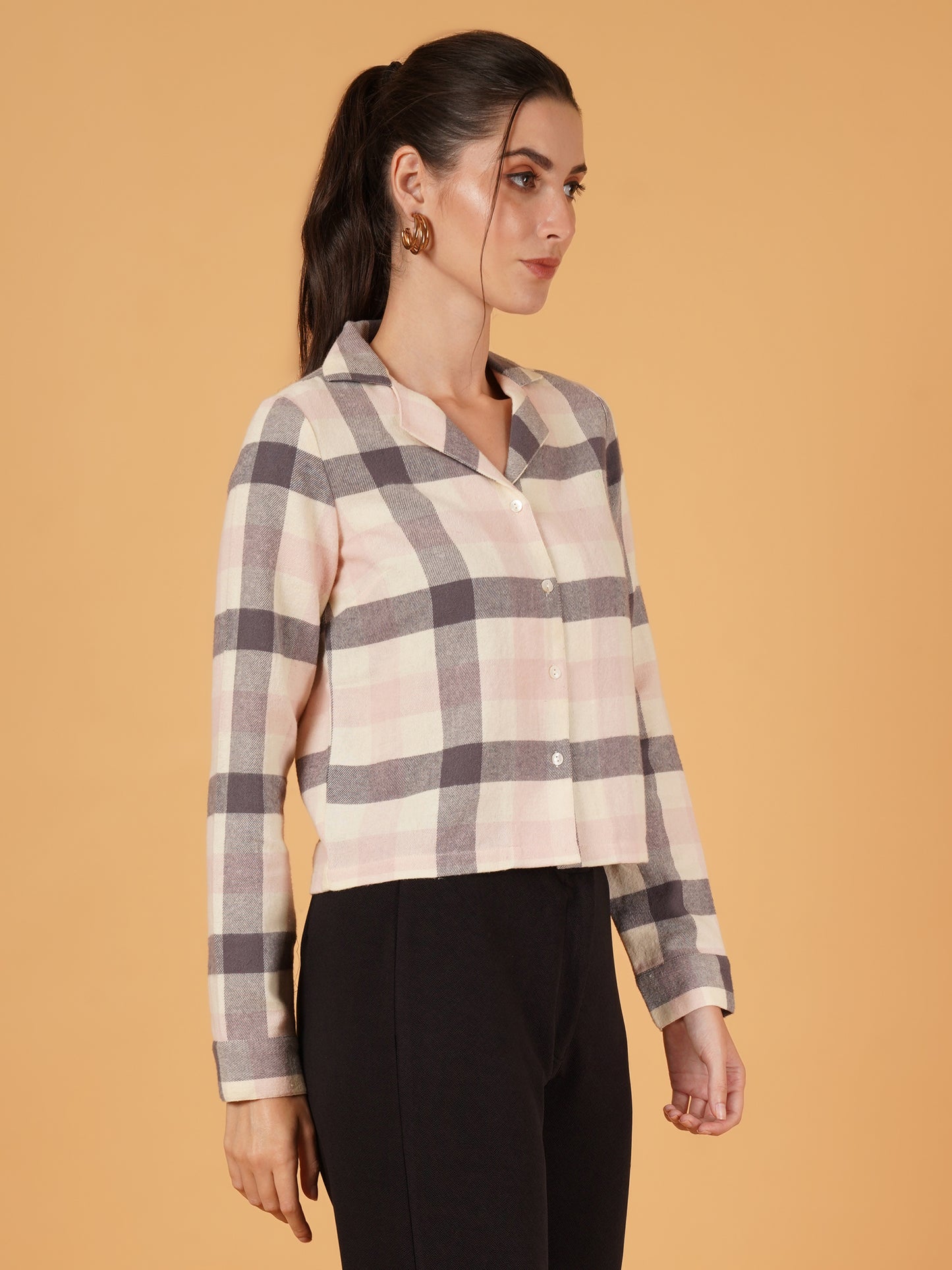 Women Cream & Pink Checkred Full Sleeves Shirt Style Crop Top