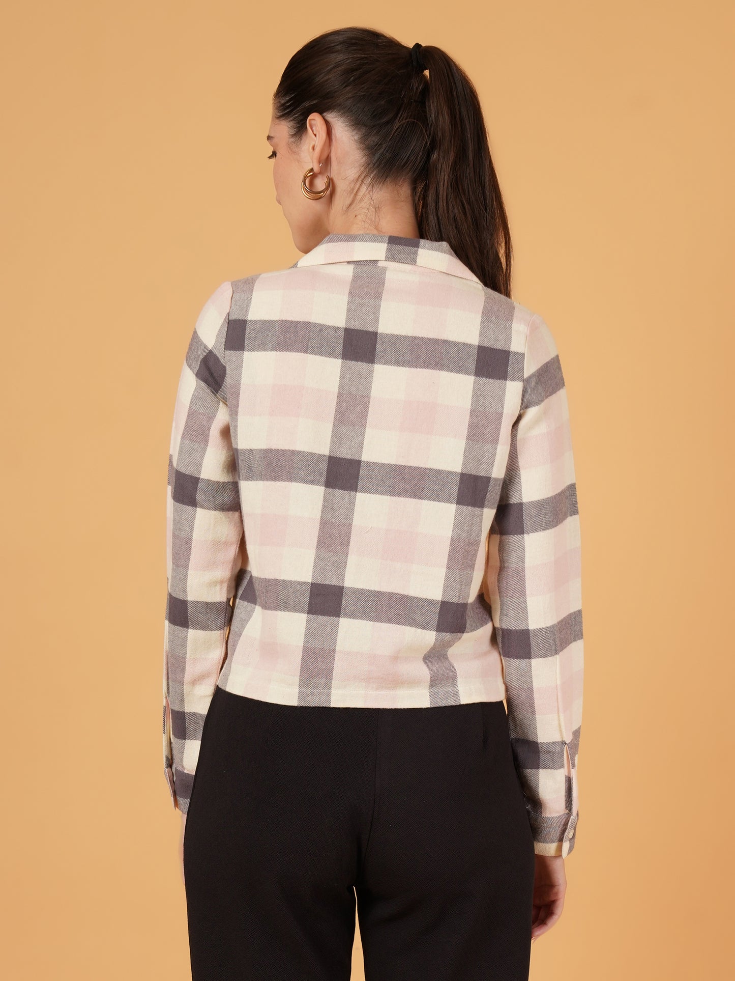 Women Cream & Pink Checkred Full Sleeves Shirt Style Crop Top