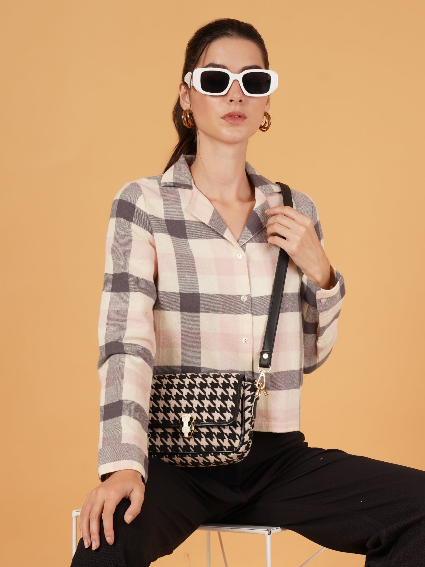 Women Cream & Pink Checkred Full Sleeves Shirt Style Crop Top