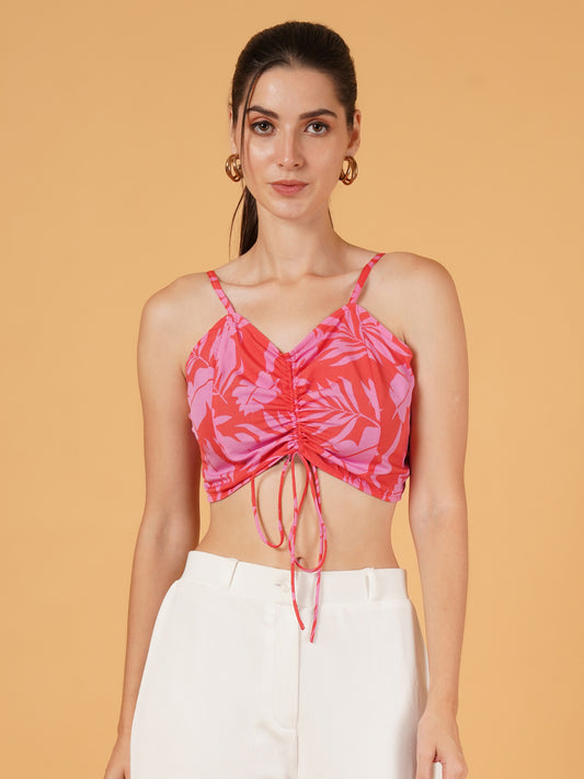 Women Pink Leaf Print Smocked Tie-Up Crop Top