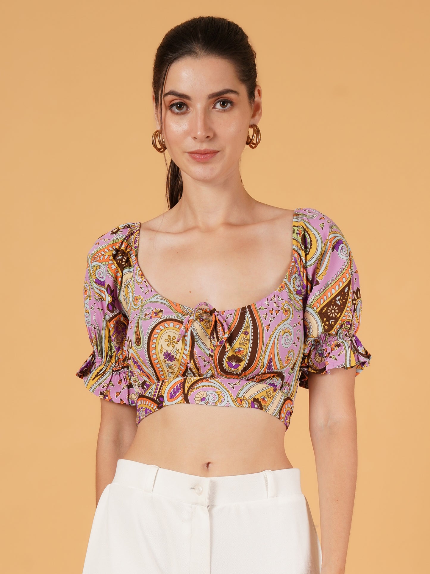 Women Pink & Brown Printed Tie-Up Puff Sleeves Crop Top